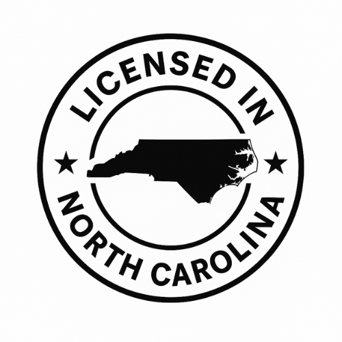 Seal with the outline of North Carolina in the center and the words 'Licensed in North Carolina' around it.