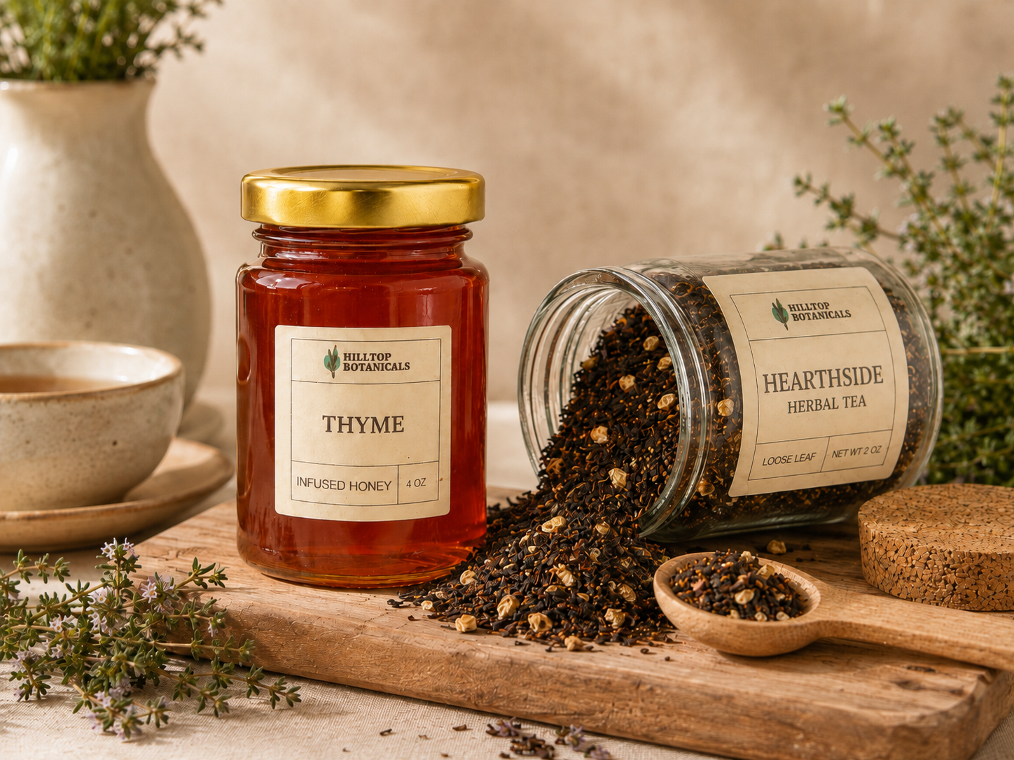 A jar of Hilltop Botanicals thyme-infused honey and a jar of Hilltop Botanicals Hearthside herbal tea on a wooden surface with herbs and bowls in the background.