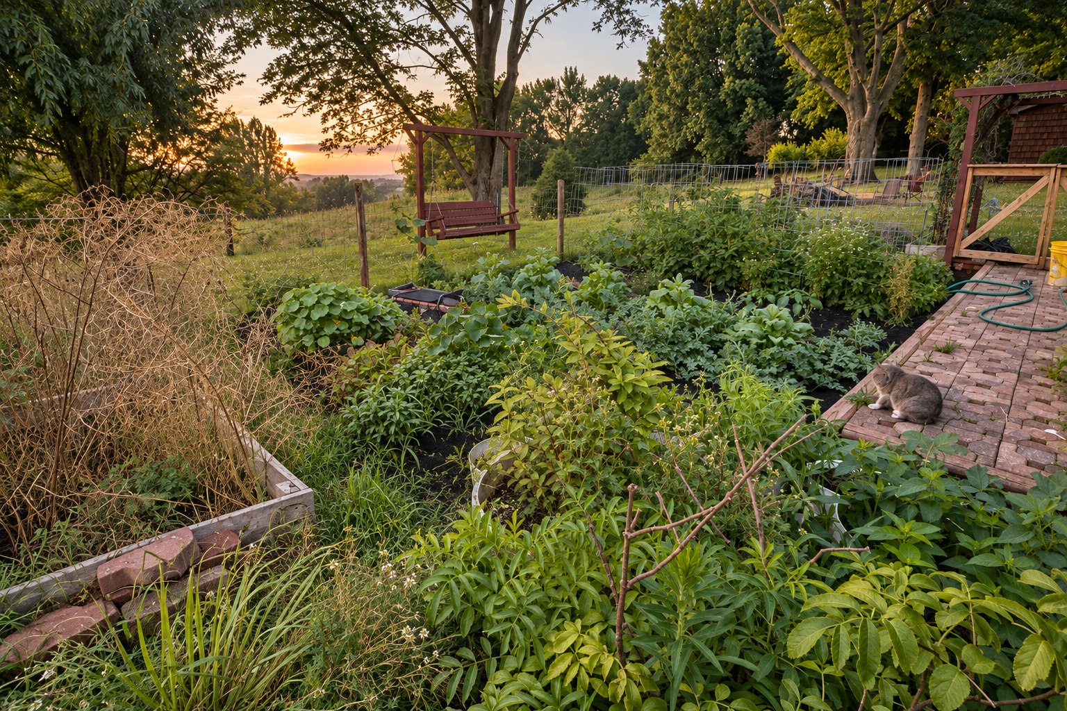 Standing dry stems and layered garden beds beside a brick path and wooden swing at Hilltop Botanicals; AI-enhanced from Heather’s garden photograph.