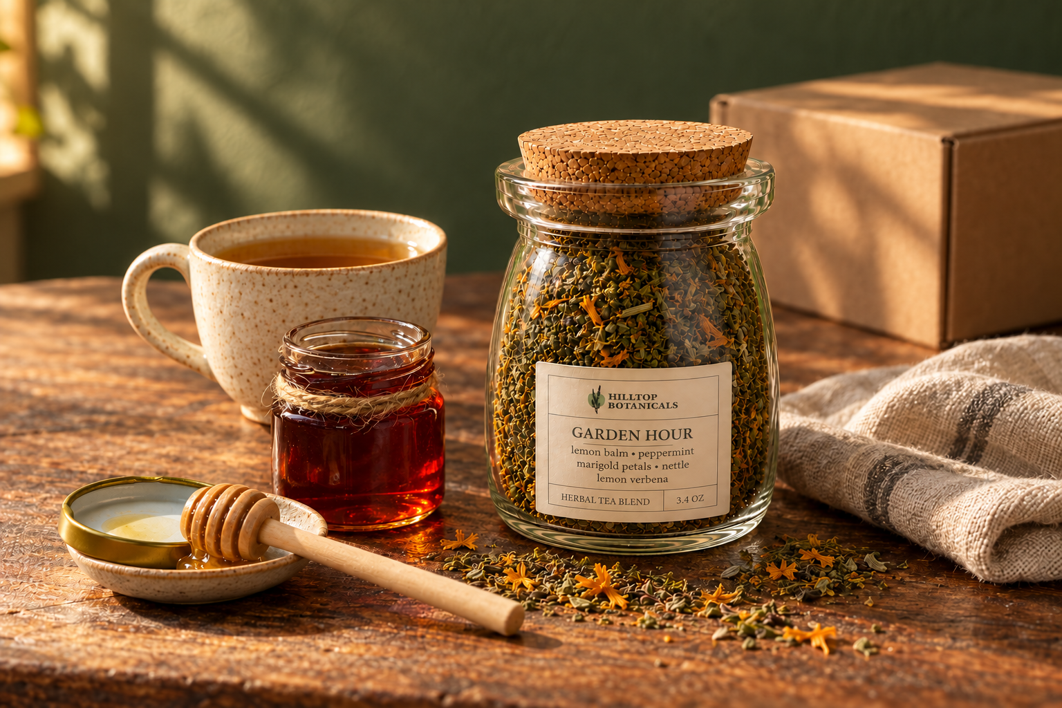 AI-created editorial scene based on Hilltop product photographs: Garden Hour tea, honey and a ceramic cup on a wooden worktable.