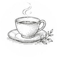 A steaming cup of coffee on a saucer with a small branch of leaves beside it.