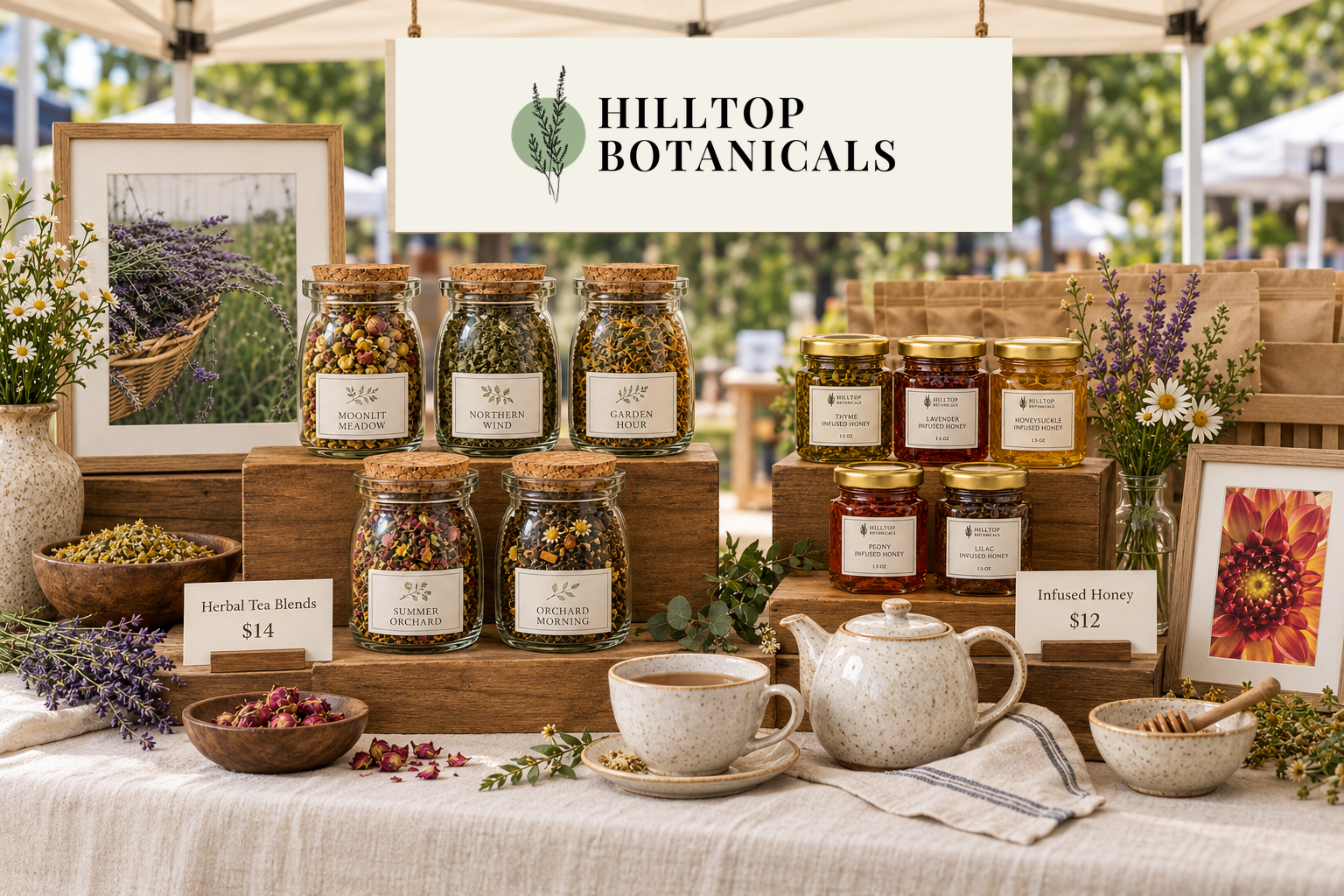 Loose-leaf tea jars, printed market signs, and an inventory notebook on a wooden worktable during market preparation at Hilltop Botanicals.