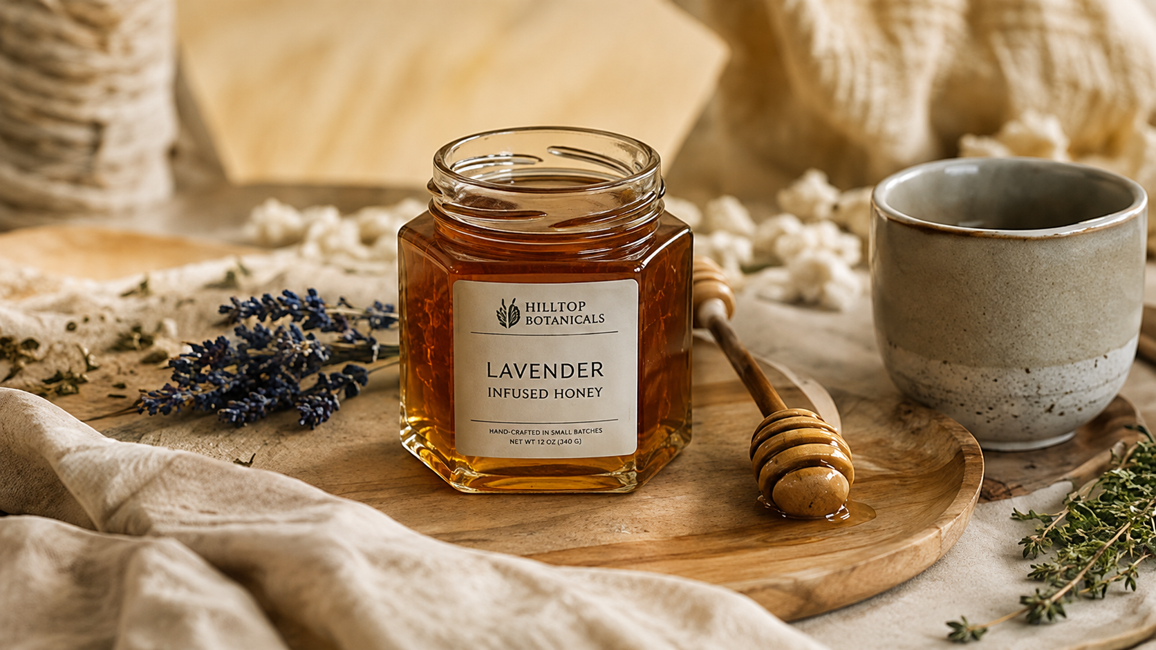A jar of lavender infused honey on a wooden tray next to a honey dipper, a ceramic cup, and sprigs of lavender and thyme, with a rustic background.