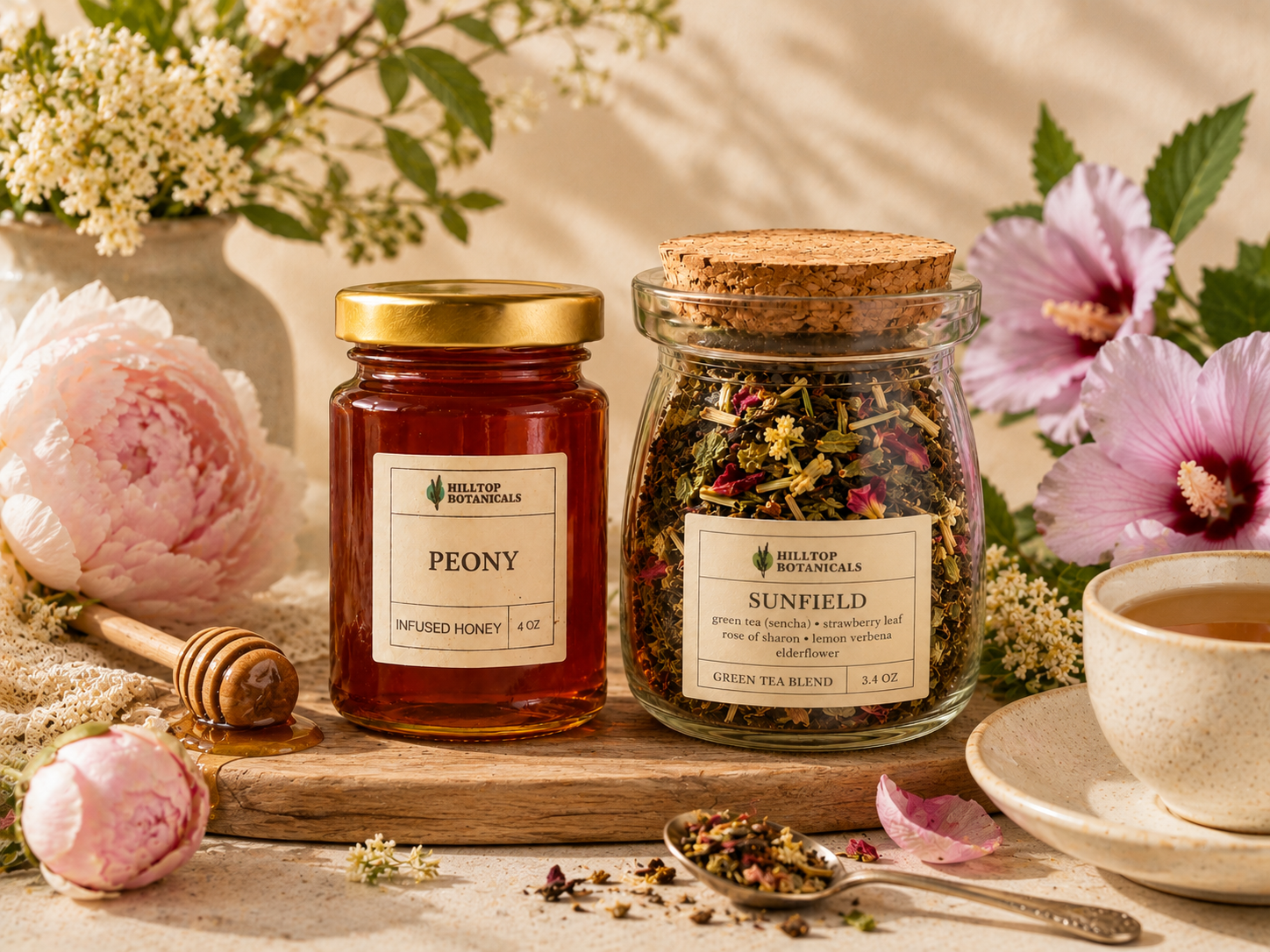 A jar of Hilltop Botanicals peony infused honey and a jar of Hilltop Botanicals sunflower green tea blend on a wooden tray surrounded by pink and white flowers, a honey dipper, and a cup of tea.