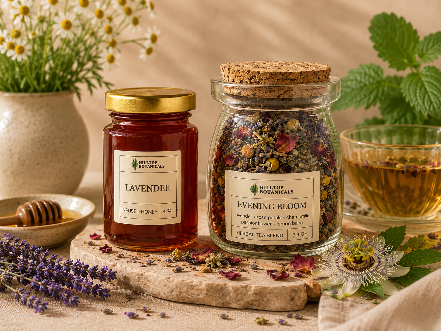 Jar of lavender honey, jar of evening bloom herbal tea blend, a bowl of honey with a honey dipper, and various flowers and leaves on a beige tablecloth and wooden surface.