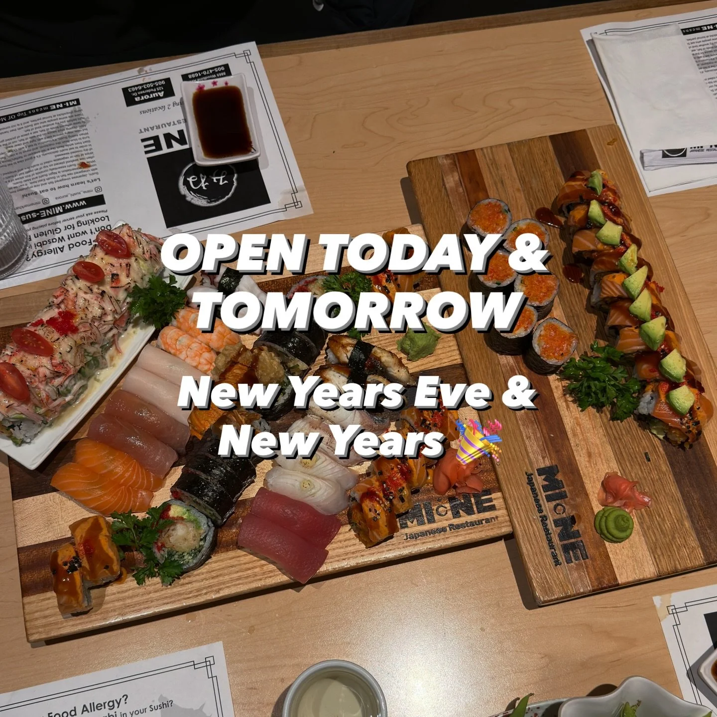 Happy New Year&rsquo;s Eve! 🎉

We are open today and tomorrow for your year round sushi cravings 😋

11:30am - 10pm 

Aurora Location
Dine In, Takeout &amp; Catering
📍 125 Pedersen Dr, Aurora, L4G 0E3
📞 (905) 503-6463 or (905) 750-9311
🍱 Lunch | 
