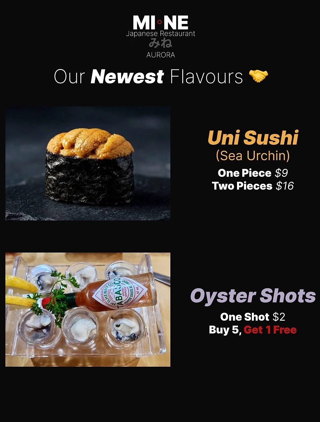introducing you guys to our newest flavours 😋

meet the very well known uni sushi 🍣, our fun &amp; delicious oyster shots 🦪, our new golden inari pockets 🥧, and the viral Dubai chewy cookie 🍪

available now! try them all and let us know which on
