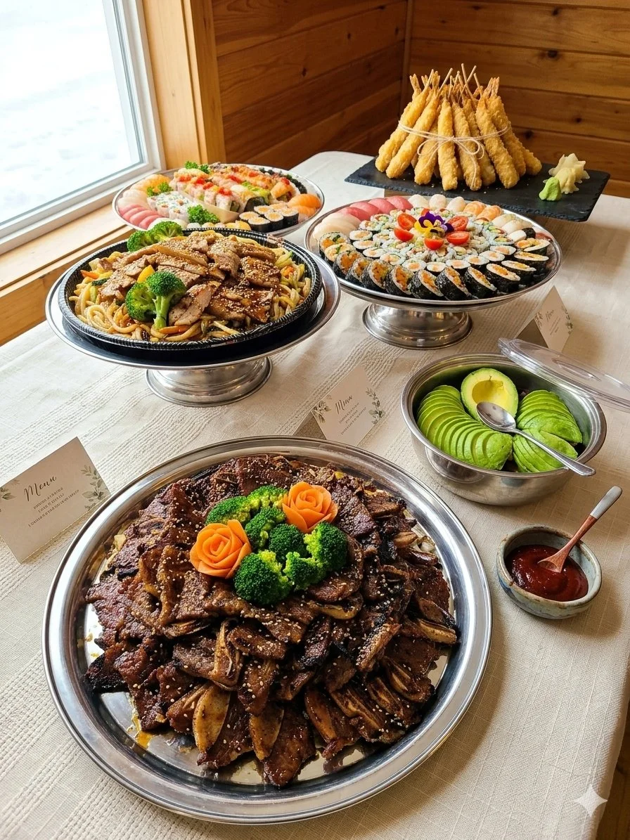 Assorted sushi platter, fried shrimp skewers, sliced avocado, cooked beef with broccoli on a buffet table in a wooden room.