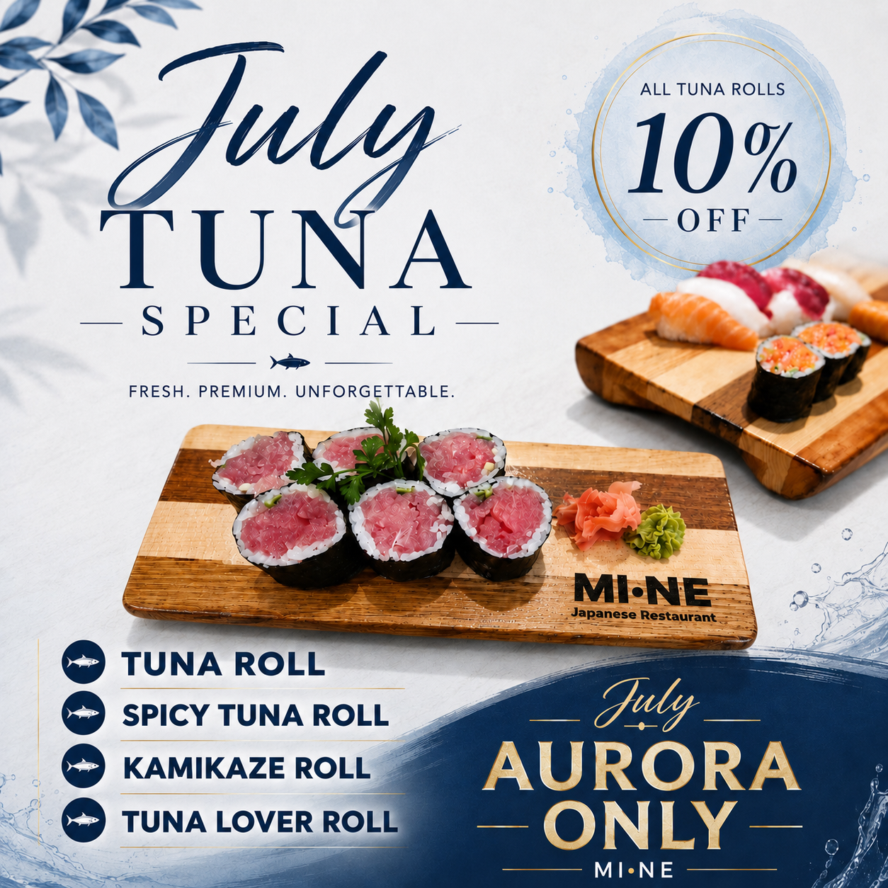 Promotional flyer for a Japanese restaurant featuring a July special on tuna rolls with 10% off all tuna rolls. The flyer showcases images of tuna rolls, spicy tuna rolls, kamikaze rolls, and tuna lover rolls on wooden platters, decorated with garnis