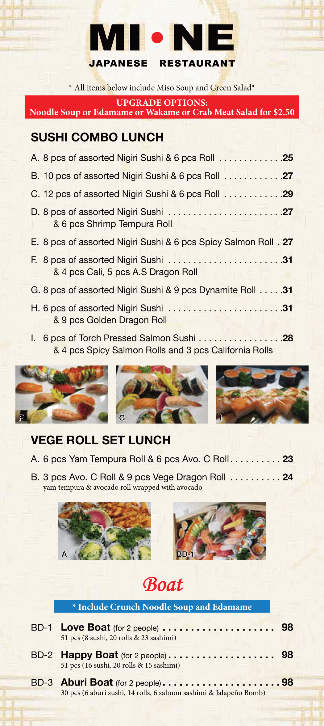 Menu from a Japanese restaurant offering sushi and veggie rolls, featuring various sushi combo lunch options, photos of sushi platters, and boat sets for two people.