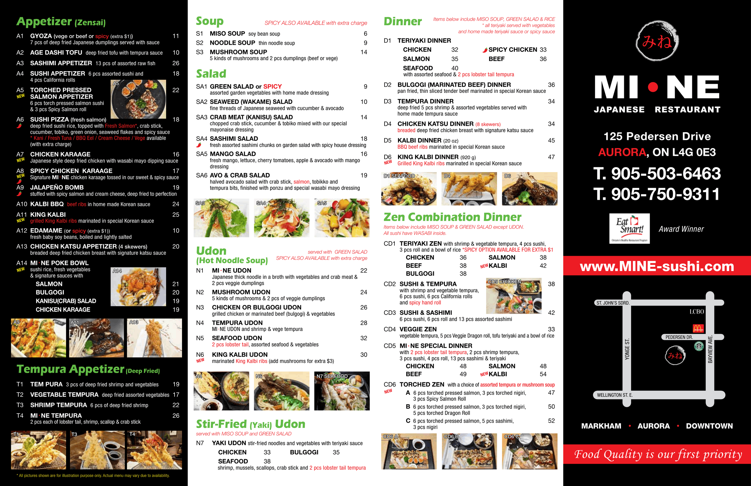 A detailed menu from a Japanese restaurant named Mine, listing appetizers, soups, salads, tempura, stir-fried dishes, dinner options including teriyaki, bulgogi, tempura, chicken, seafood, and special dinners, with prices and descriptions. It also features the restaurant's address, phone numbers, and website, along with images of some dishes.