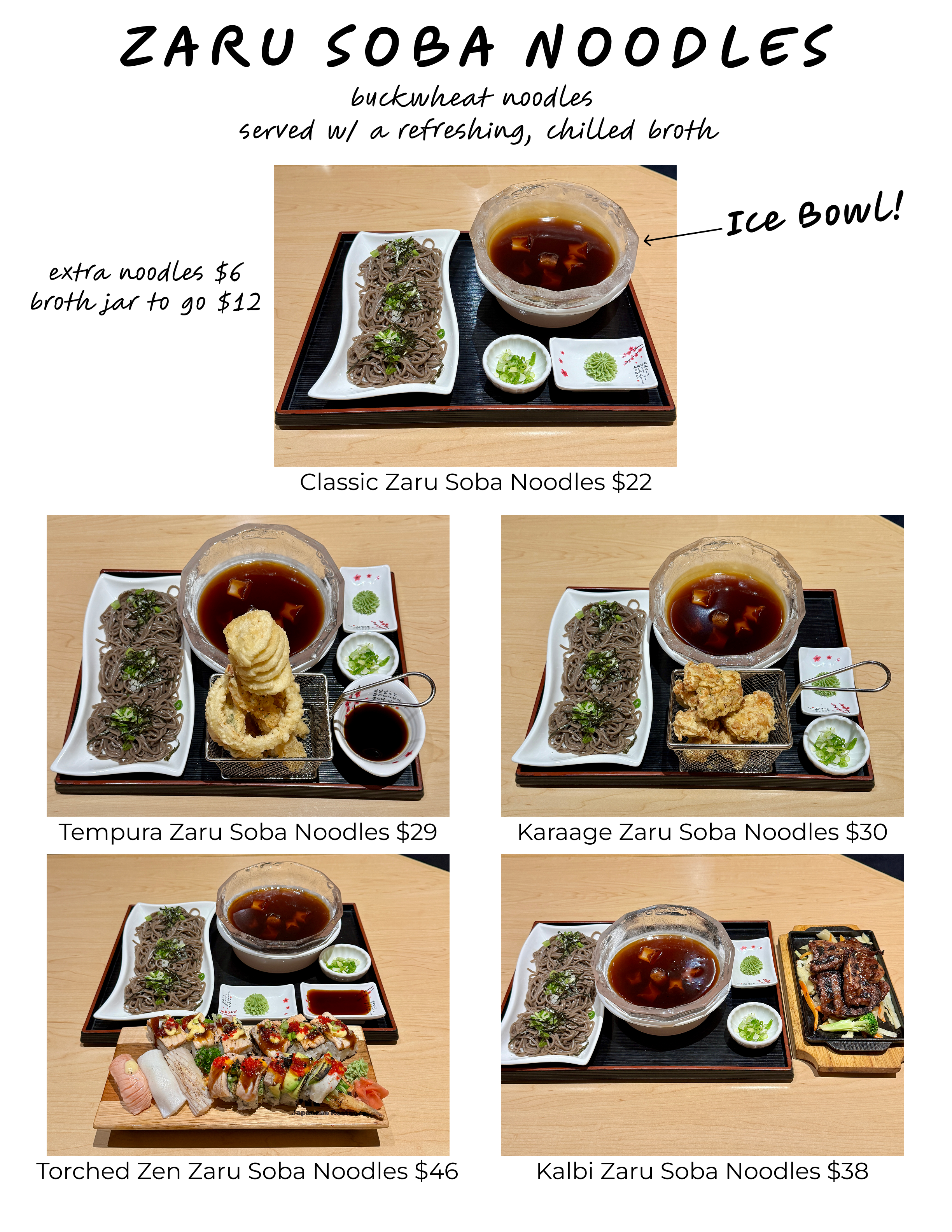 Menu with images of different Zaru Soba Noodles dishes: classic, tempura, karaage, torched Zen, and kalbi, each with prices ranging from $22 to $46, and a side of ice-cold broth served in a ice bowl.