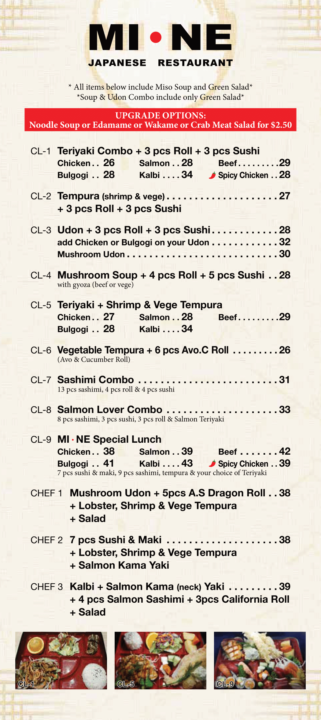 Japanese restaurant menu listing various sushi, tempura, and combination dishes with prices, and three small photos of plated sushi and tempura dishes at the bottom.
