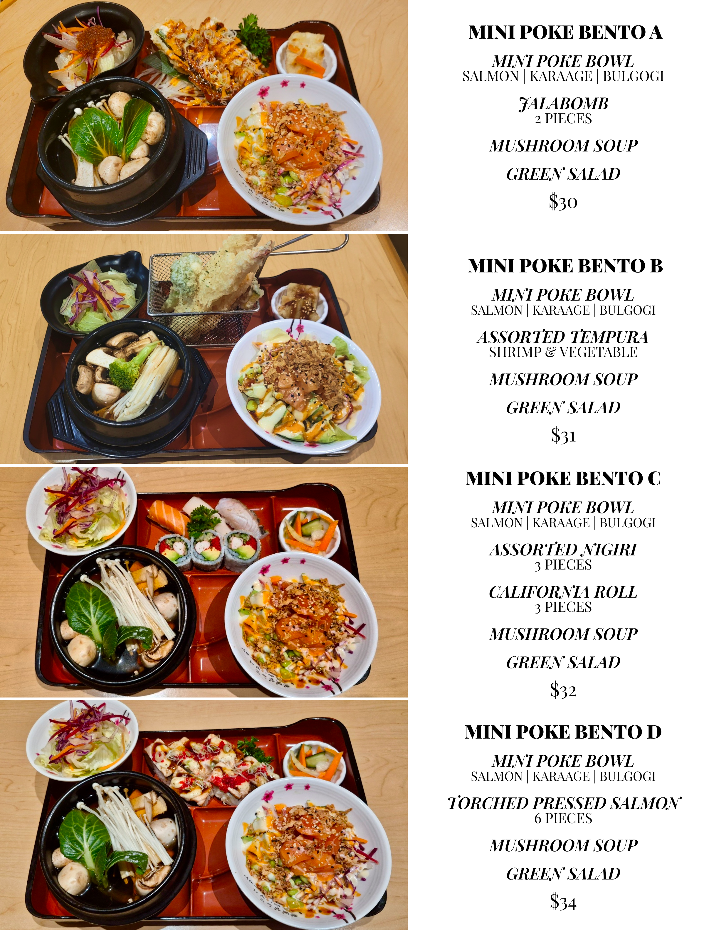 Image shows four trays of Japanese-style bento sets labeled A, B, C, D. Tray A includes a mini poke bowl with salmon, karaage, bulgogi, a mushroom soup, and green salad. Tray B has a mini poke bowl, assorted tempura, mushroom soup, and green salad. T
