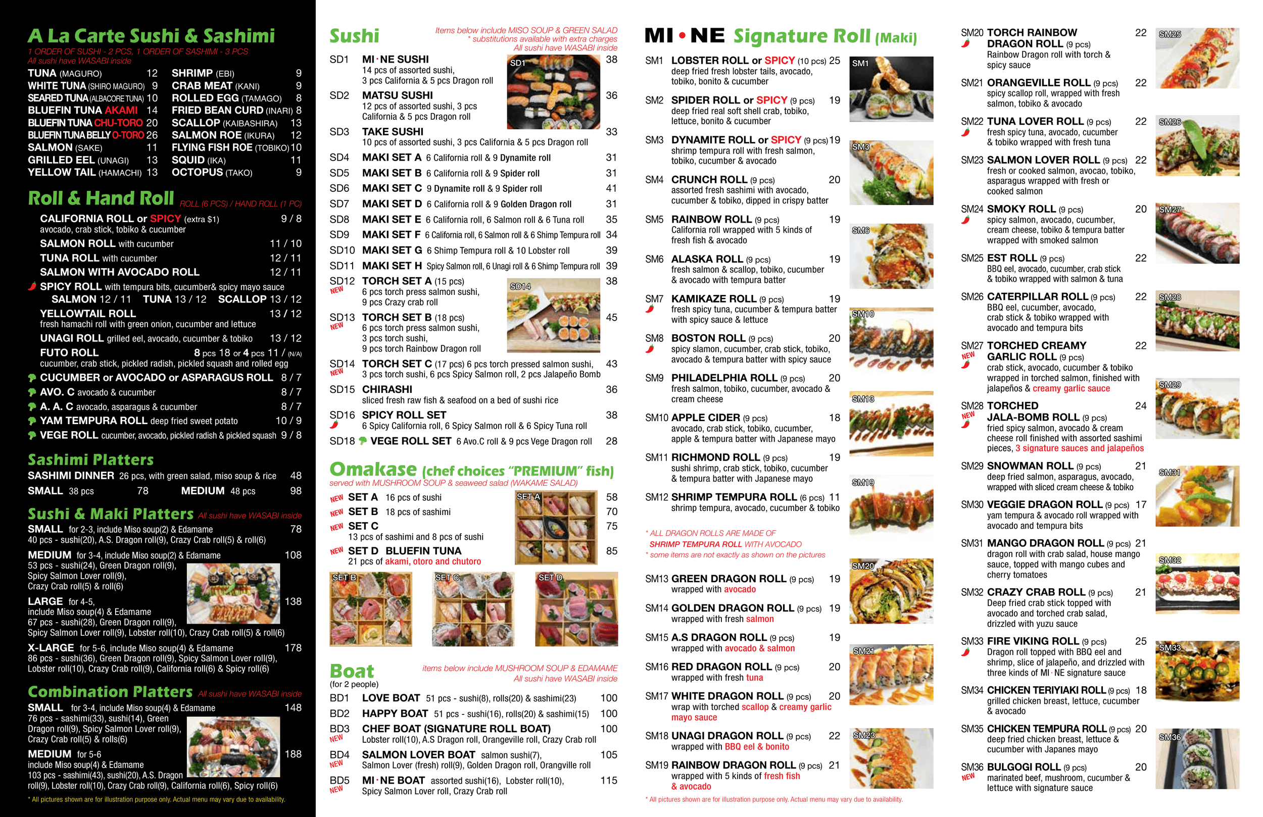 A menu displaying options for sushi, sashimi platters, signature rolls, boat dishes, and combination platters at a Japanese restaurant. The menu includes images of sushi rolls and other Japanese dishes.