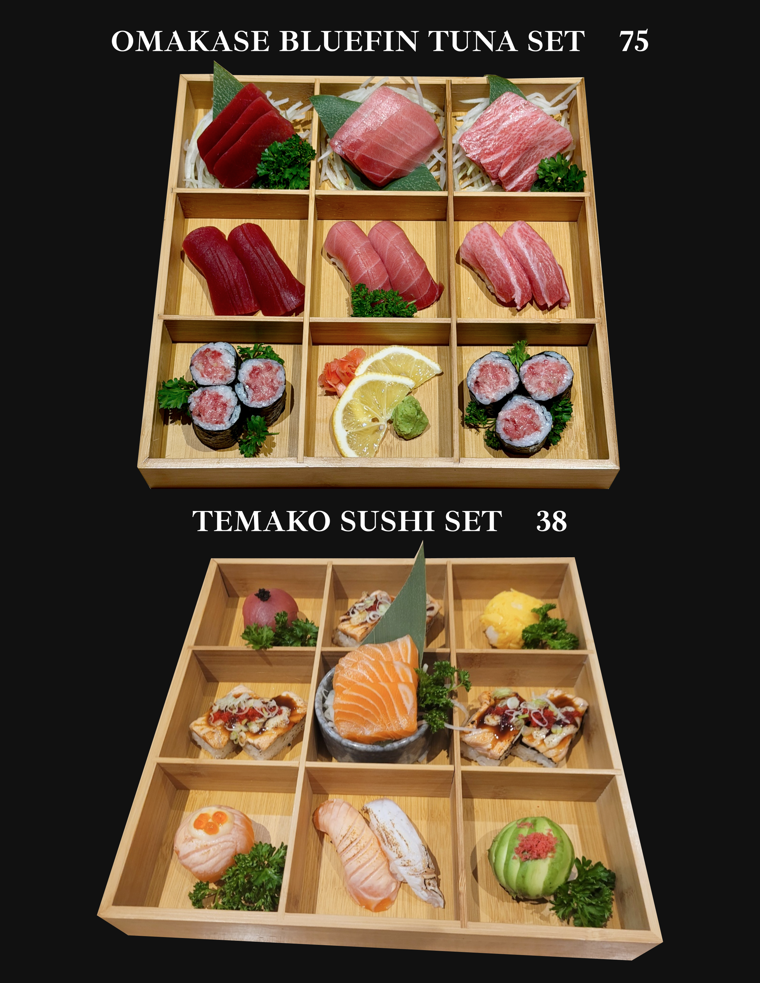 Two wooden sushi sets on a black background. The top set is labeled 'Omakase Bluefin Tuna Set' and contains various slices of tuna and sushi rolls. The bottom set is labeled 'Temako Sushi Set' and contains different types of sushi, including salmon, 