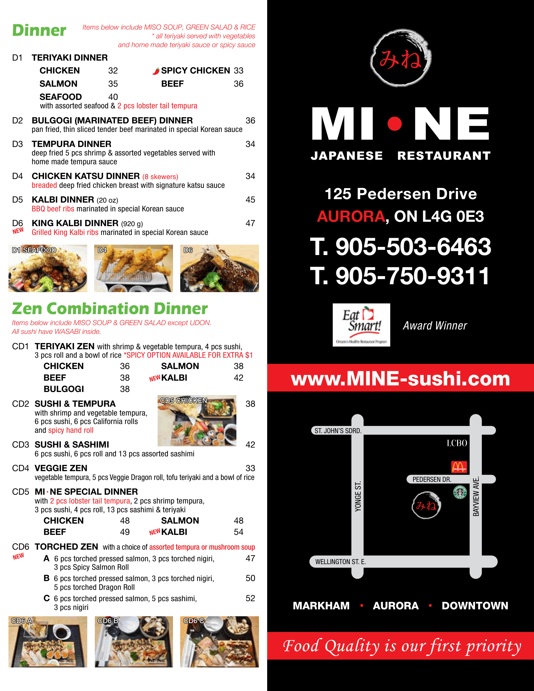Restaurant menu for MI NE Japanese Restaurant, listing various dinner options including teriyaki, bulgogi, tempura, sushi, sashimi, veggiezen, special seafood, and grilled items, with prices and images of selected dishes.