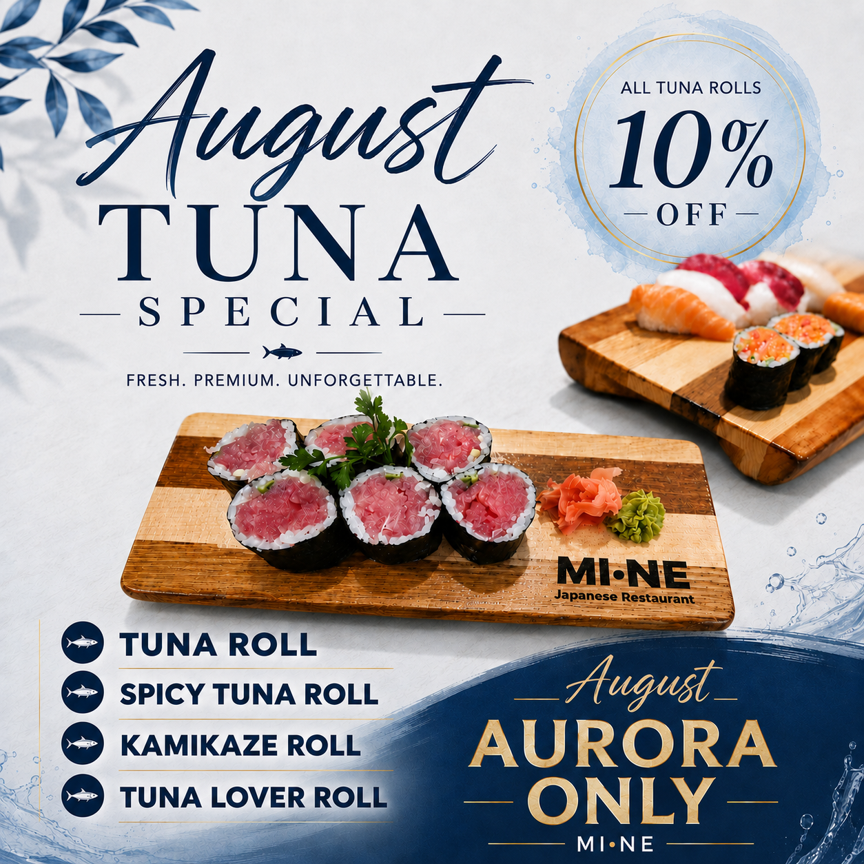 Promotion poster for a Japanese restaurant featuring various tuna rolls, including tuna roll, spicy tuna roll, and kamikaze roll, with a 10% discount on all tuna rolls in August. The poster has a background with blue and white watercolor design, imag