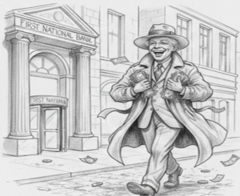 J Paul Getty walking to the bank with money and smiling