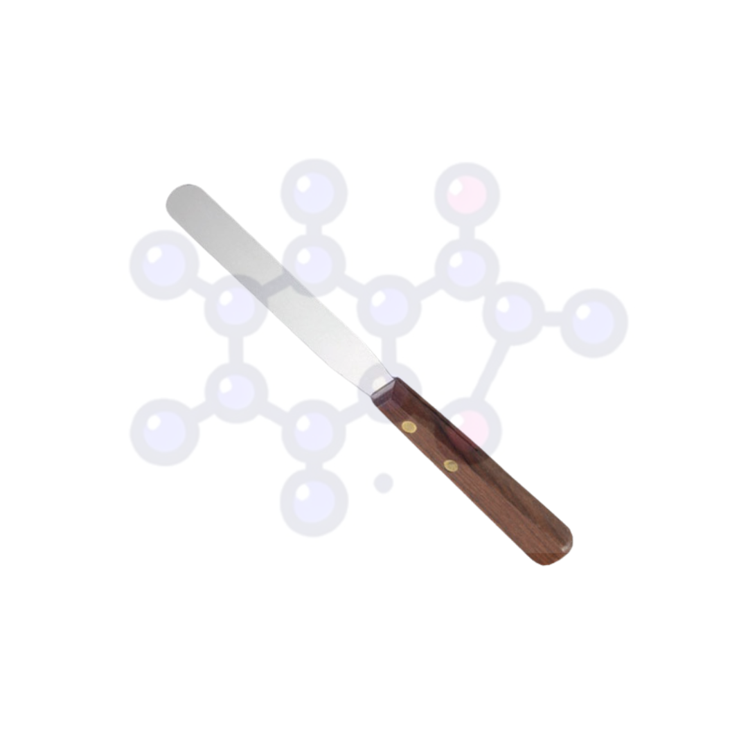 Espátula de acero inoxidable de 8 cm con mango de madera para laboratorio 18.5 cm de largo total. Ideal para uso en laboratorio por su resistencia y ergonomía