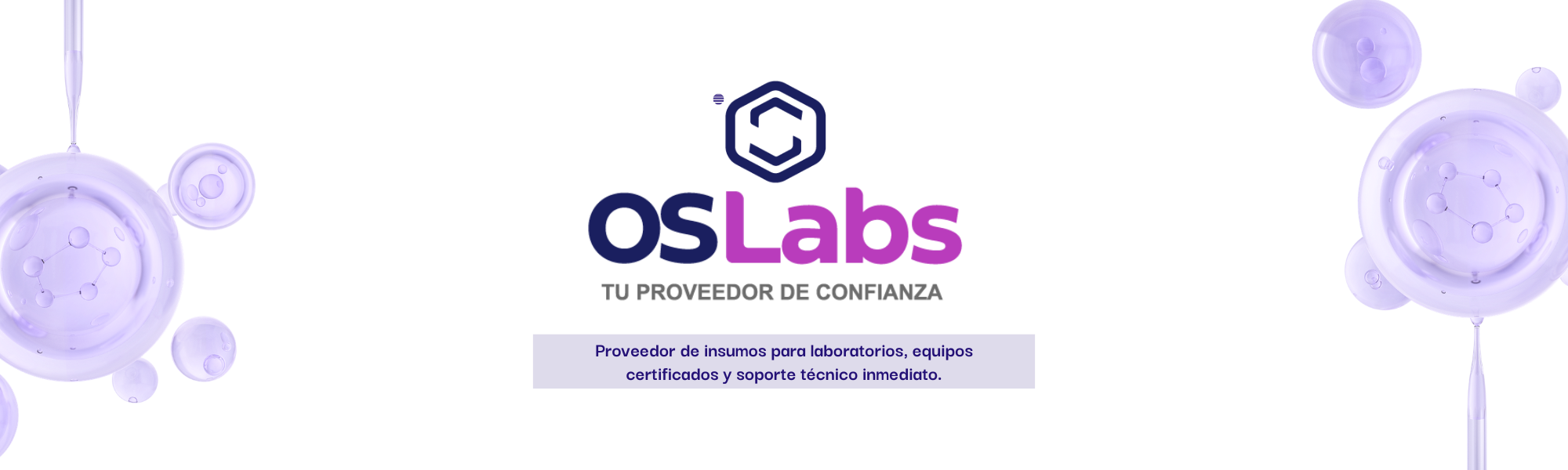 Logo de osLabs con esferas y moléculas en tonos lilas y morados, descripción de servicios para laboratorios y soporte técnico.