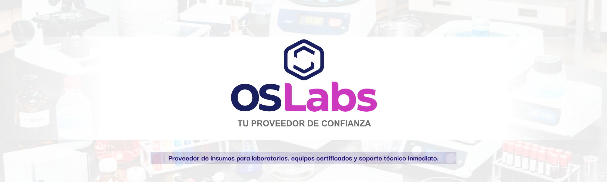 Logotipo de OS Labs con fondo de instrumentos de laboratorio y texto en español, que dice 'Proovedor de insumos para laboratorios, equipos certificados y soporte técnico inmediato'.