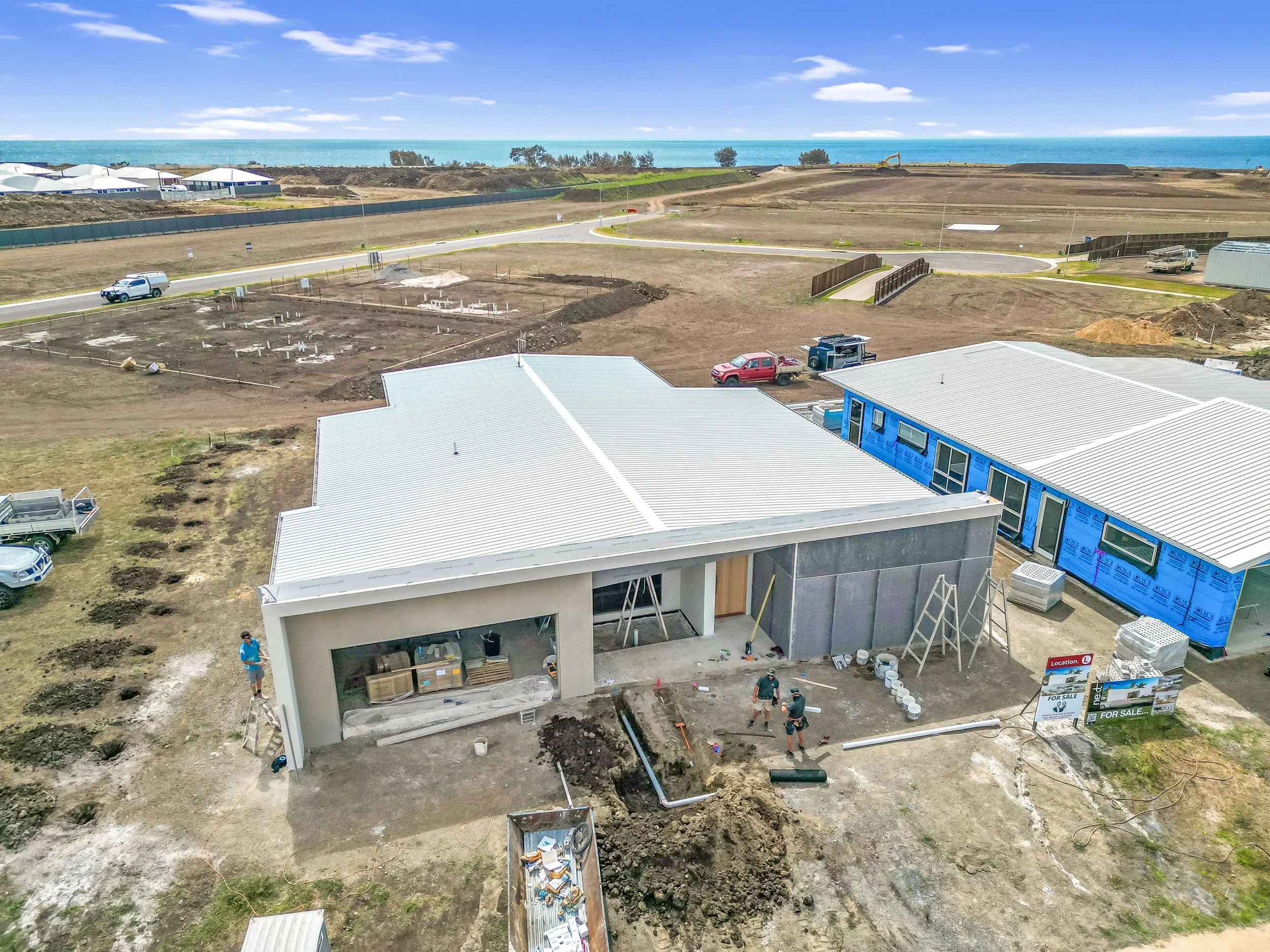 Aerial photo during the constuction process of a new home being built in Innes park by local bundaberg builder.