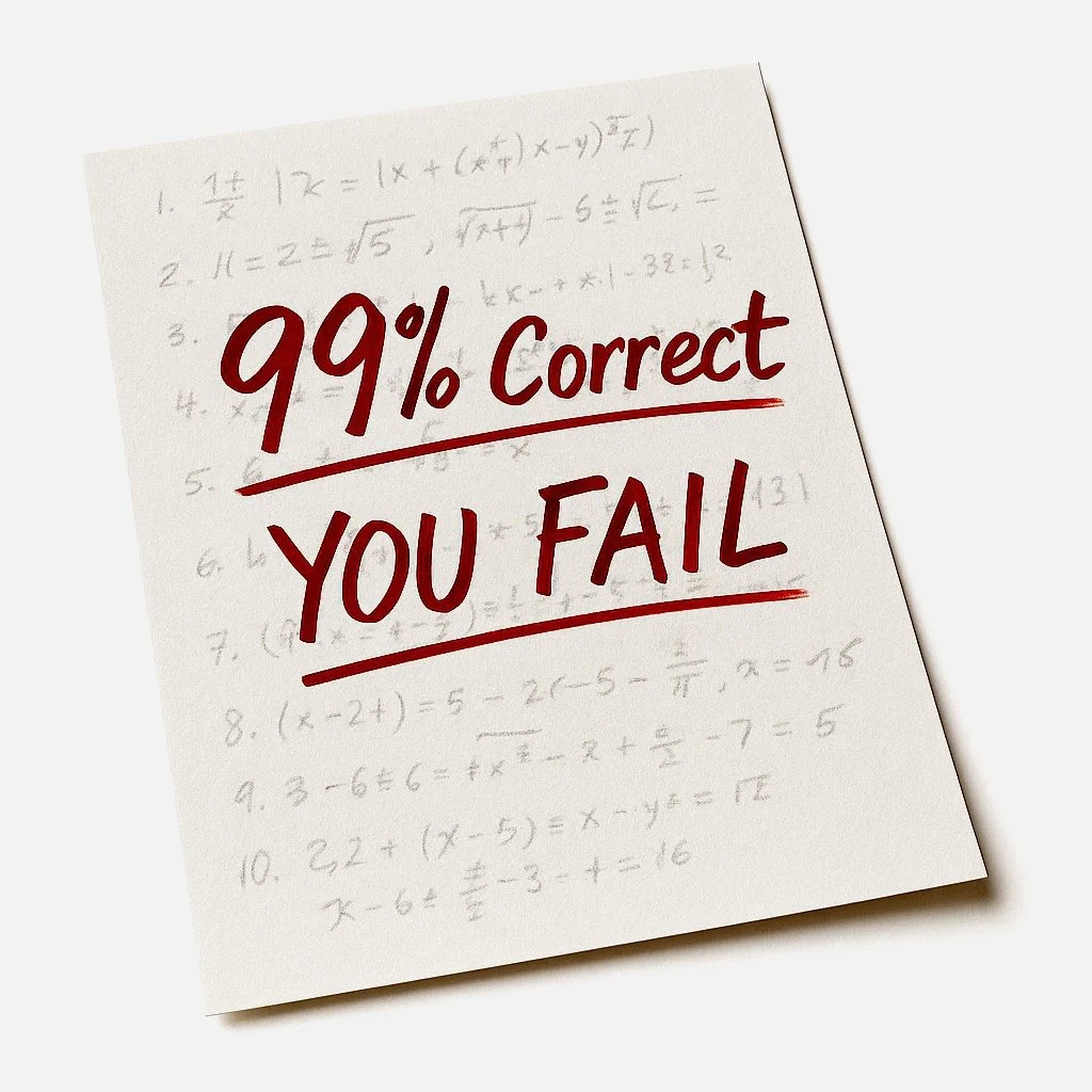 Paper showing the words "99% Correct YOU FAIL" in red text, symbolizing perfectionism, fear of failure, and all-or-nothing thinking.