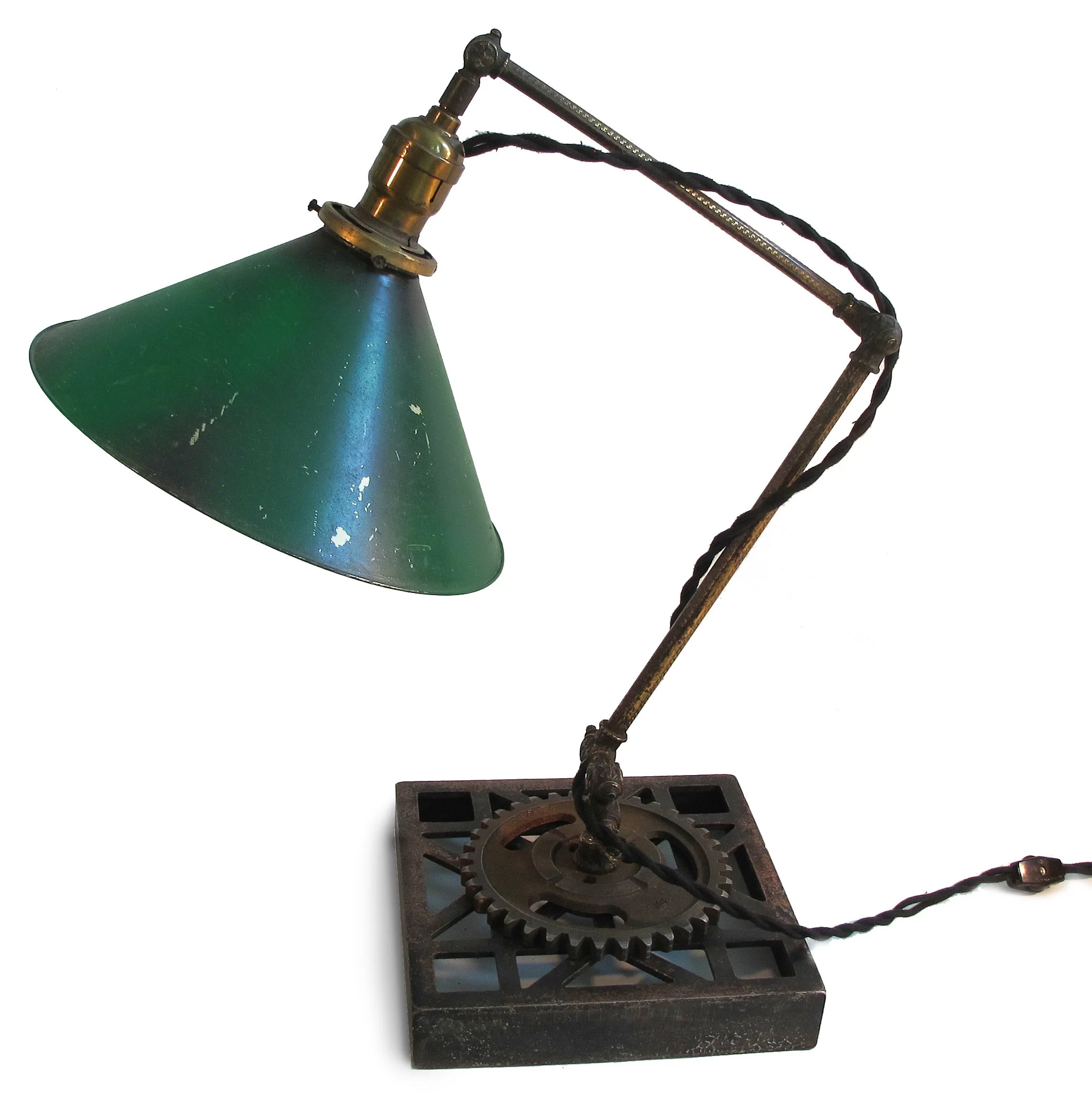 SOLD Tin Shade Lamp, 2023 / furnace grate, vintage shade, brass gas light parts / 20 x 20 inches