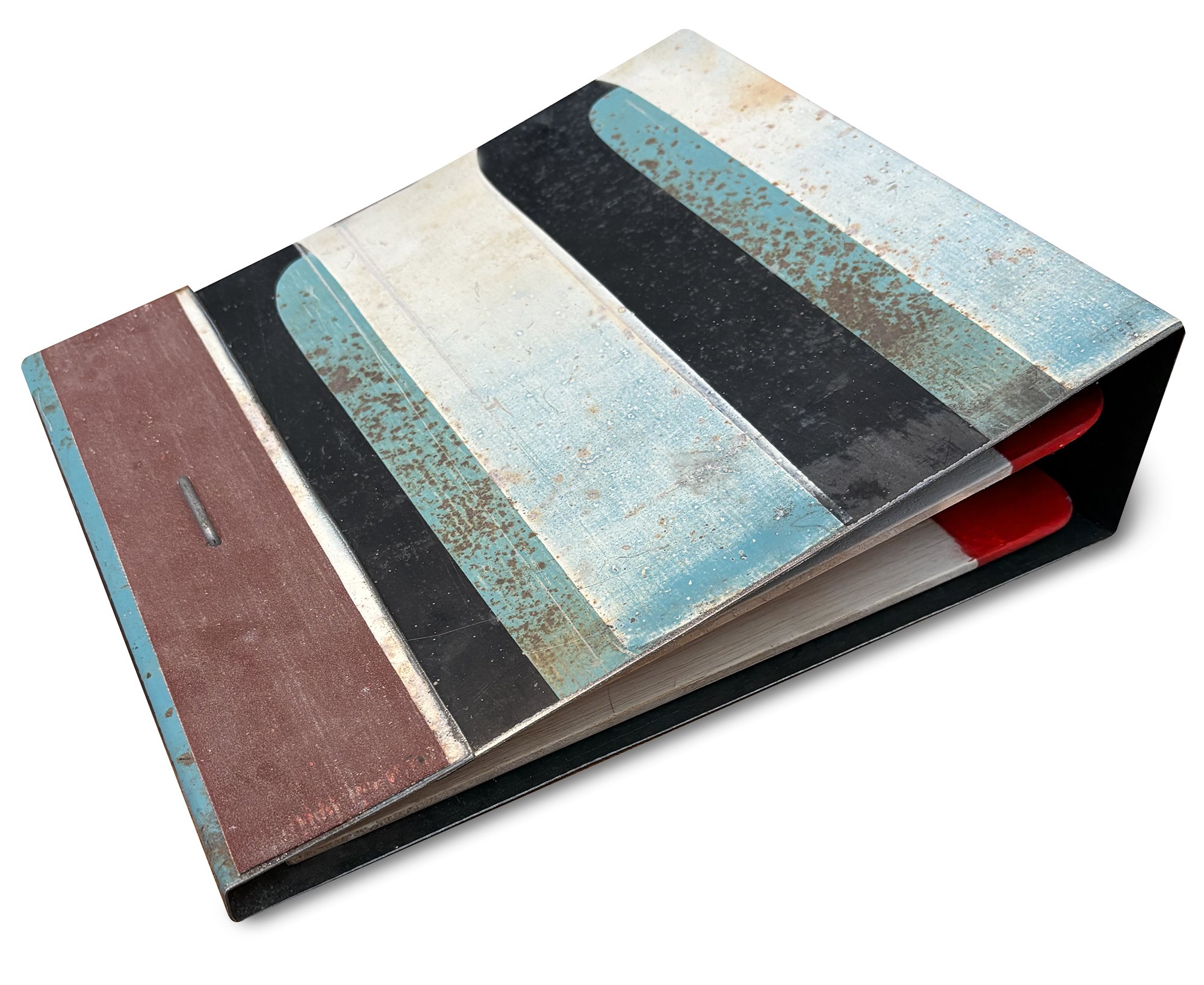 Matchbook II, 2026 / wood, sandpaper, reclaimed metal sign / 11 x 14 x 4 inches 
