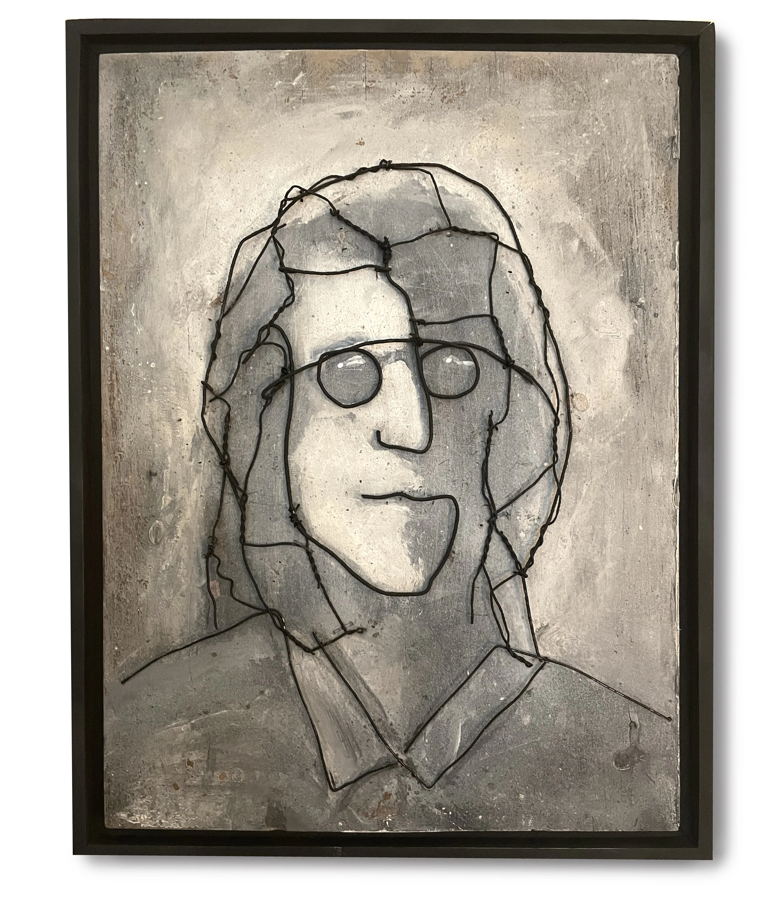 SOLD John Lennon, 2023 / recycled chicken wire, acrylic paint, on wooden panel / 
12.5  x 16.5 inches  