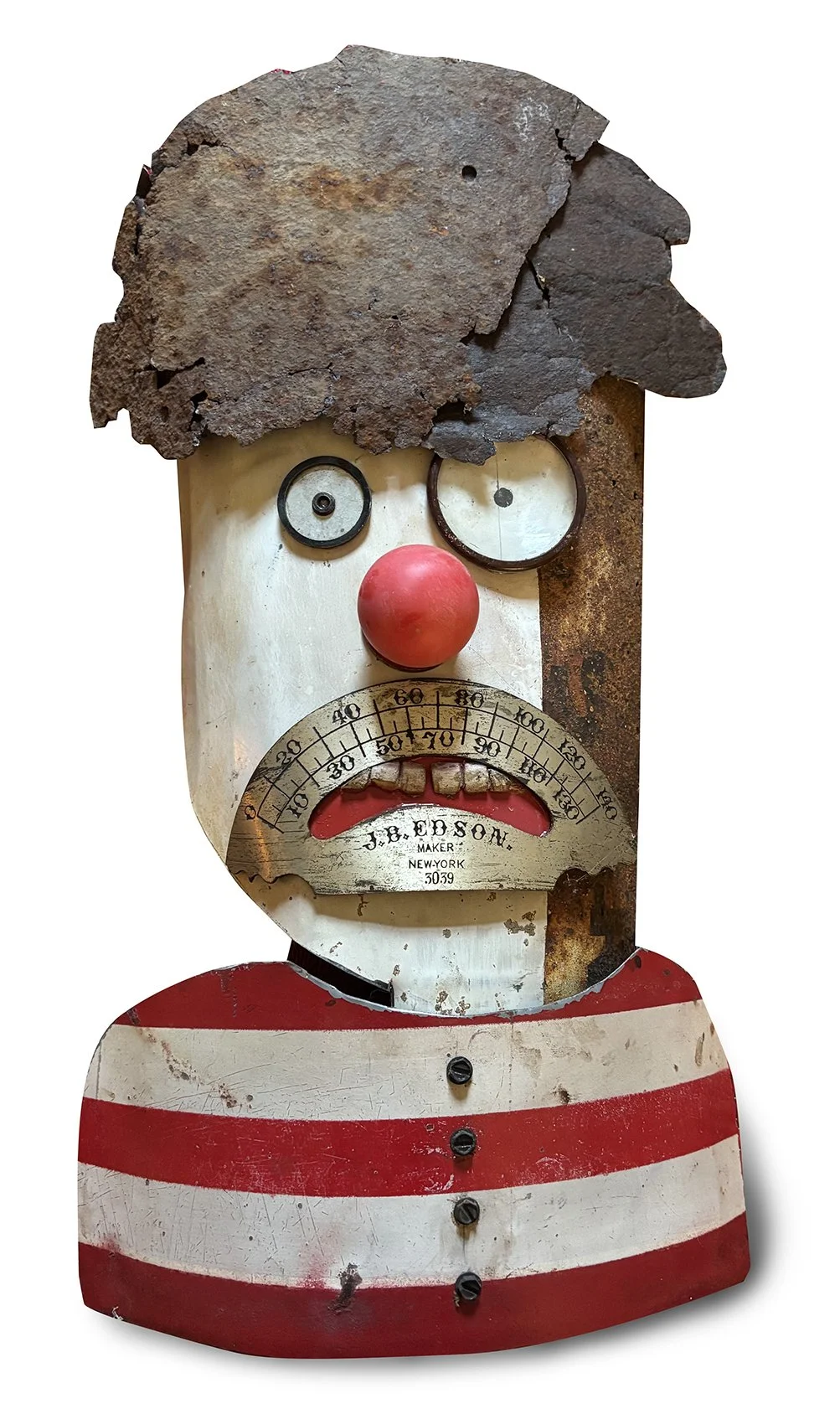 Rusty the Clown, 2013 / repurposed metal sign, pool ball / 10 x16 inches