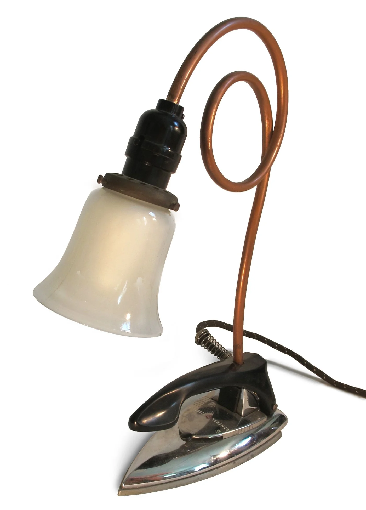 SOLD Iron Lamp, 2023 / iron, copper tubing, vintage shade, vintage cord / 18 x 12 inches