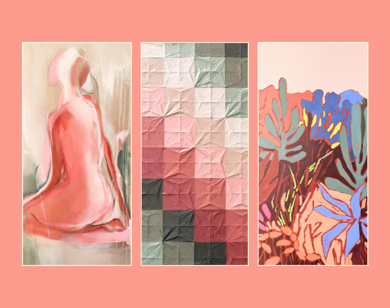 Three abstract artworks displayed side by side on a pink background: a soft-colored painting of a kneeling woman with her back turned, a pixelated geometric pattern of pastel colors, and a vibrant botanical illustration with various flowers and leaves.
