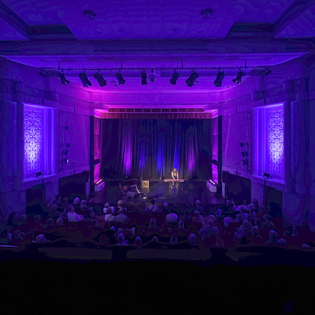 A performer on stage at a concert or event, illuminated by purple stage lighting, with an audience seated in front of the stage.