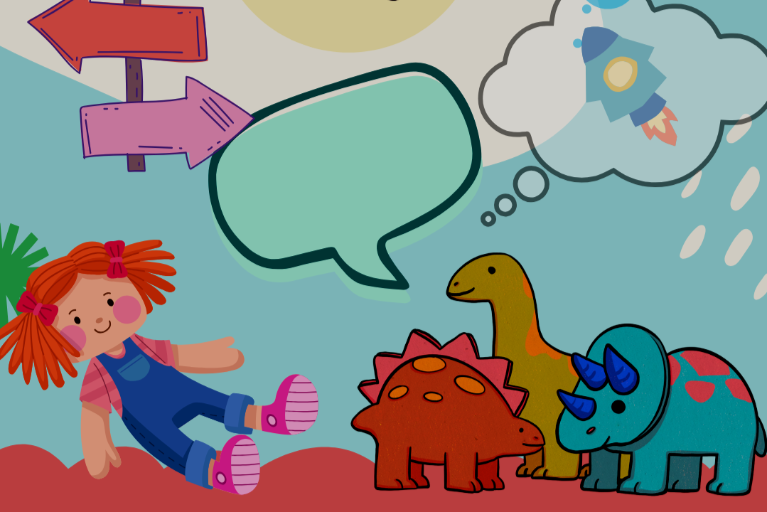 A colorful cartoon scene with a girl with orange hair sitting on the ground, surrounded by three dinosaurs—a green long-neck, a red spiky stegosaurus, and a blue triceratops. The girl has pink cheeks and is smiling. Above her, there is a large speech bubble with a cloud and rocket illustration, indicating imagination. To the left, a wooden signpost with three arrows points in different directions, and above it, an open notebook with a pencil is featured. The background contains abstract colorful shapes, bubbles, and a large yellow circle.