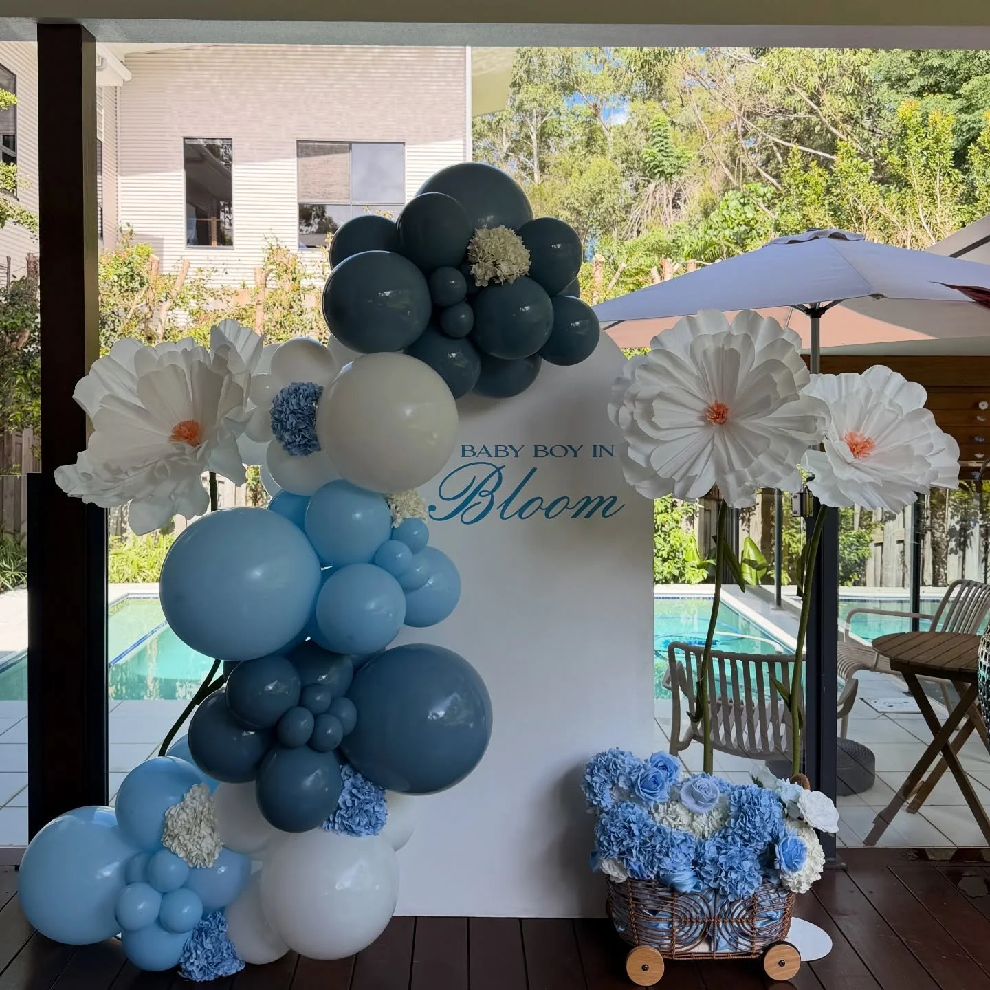 Baby Boy in Bloom 💙🌸 

A beautiful Baby in Bloom setup featuring soft blue tones, statement florals and a luxe balloon garland to celebrate the little one on the way. 

From the custom backdrop to the delicate floral details, every element was desi