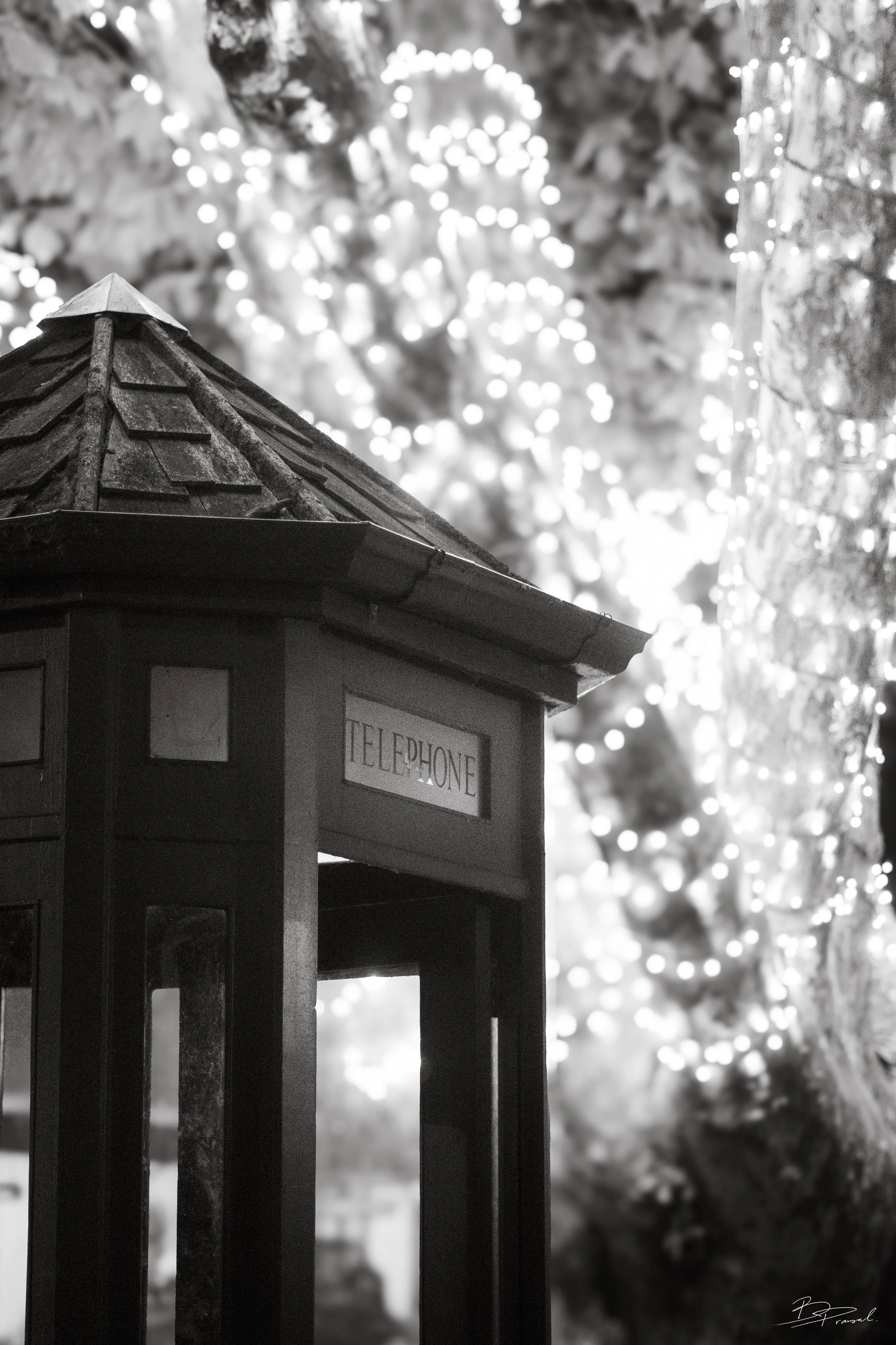 A black and white photograph of a vintage telephone booth with a shingled roof, surrounded by blurred Christmas lights and trees in the background.