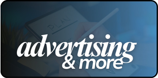 A tablet with a hand holding a stylus writing on a notepad labeled 'PLAN'. Overlaid text reads 'advertising & more'.