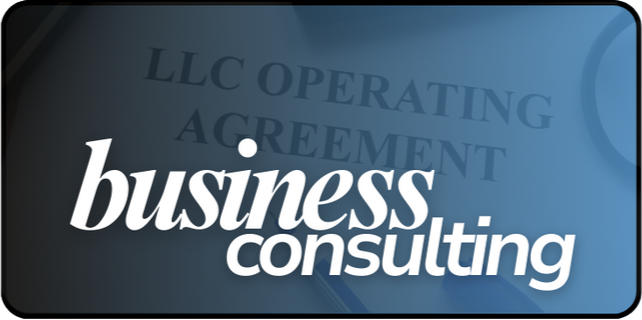 Close-up of a sign or screen displaying 'business consulting' with faint background text reading 'LLC operating agreement'.