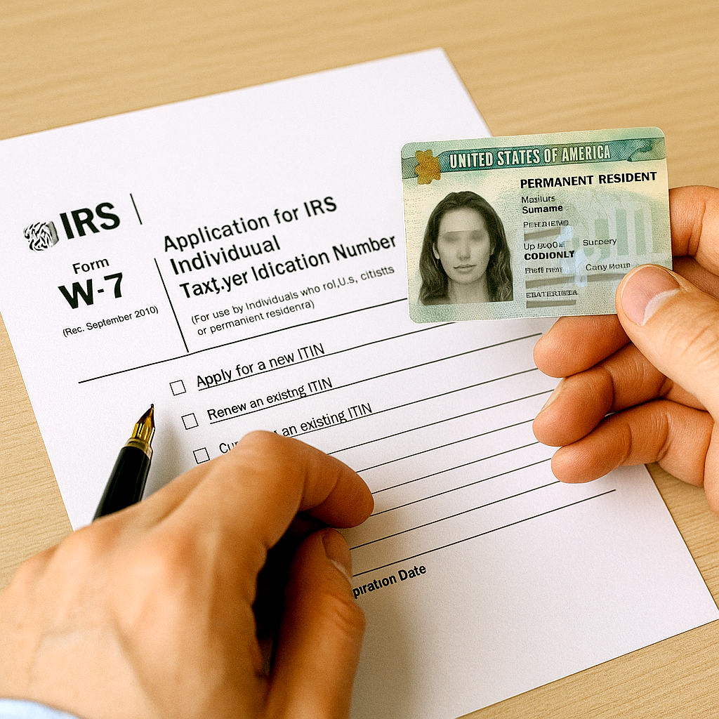 A person filling out an IRS W-7 form with a pen, holding a green U.S. permanent resident card, also known as a green card, on a wooden table.