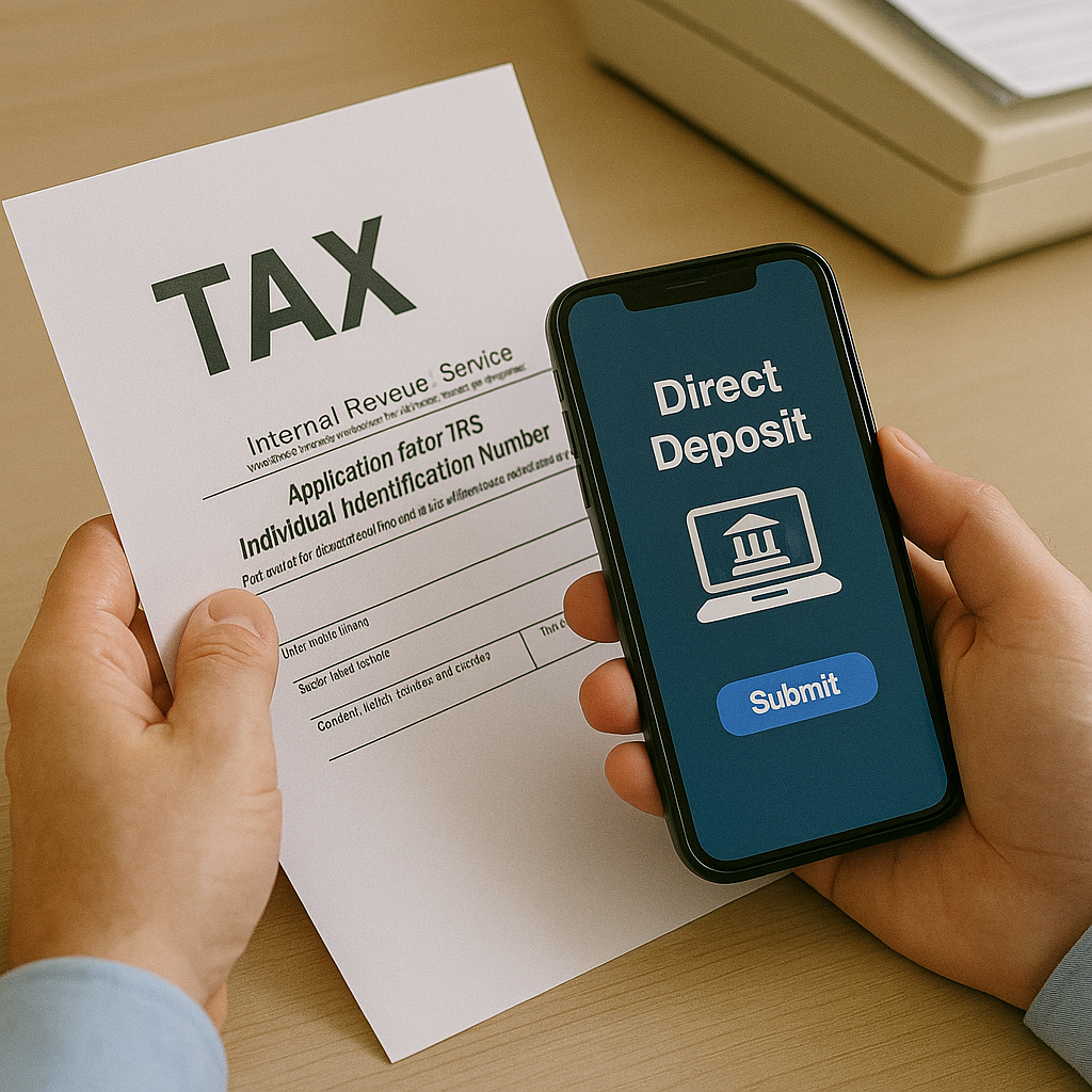 Person holding a smartphone with a digital 'Direct Deposit' screen above a paper tax form labeled 'TAX' on a wooden desk.
