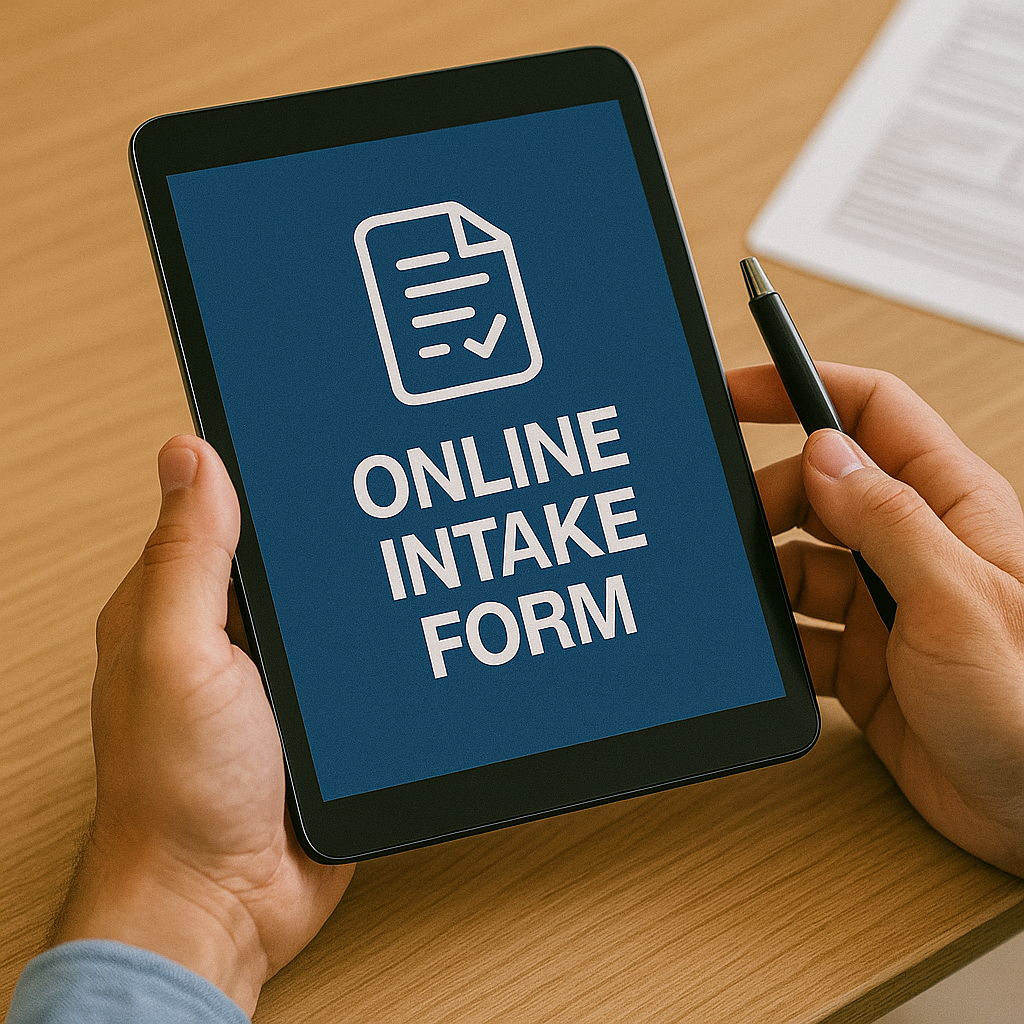 A person holding a tablet displaying an online intake form with a pen in their other hand.