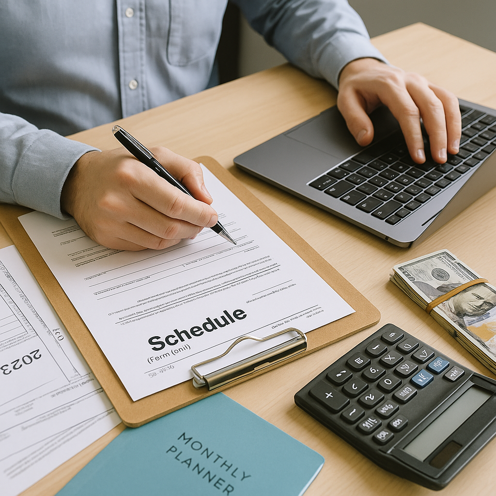 Person working at a desk with a schedule form, a laptop, a calculator, a stack of dollar bills, and a monthly planner.