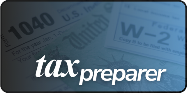 Tax documents, including a 1040 form, with the words 'tax preparer' overlayed in white text.