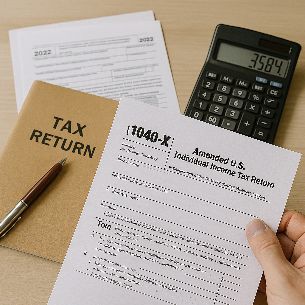 A person holding an amended U.S. individual income tax return form. On the desk are tax documents, a calculator displaying 3.584, a brown envelope labeled 'Tax Return', and some pages of paperwork.