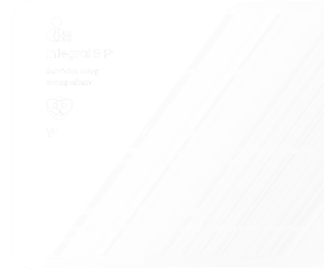 Overlayed graphic with logo and text in Spanish about services, needs, and language breaking.