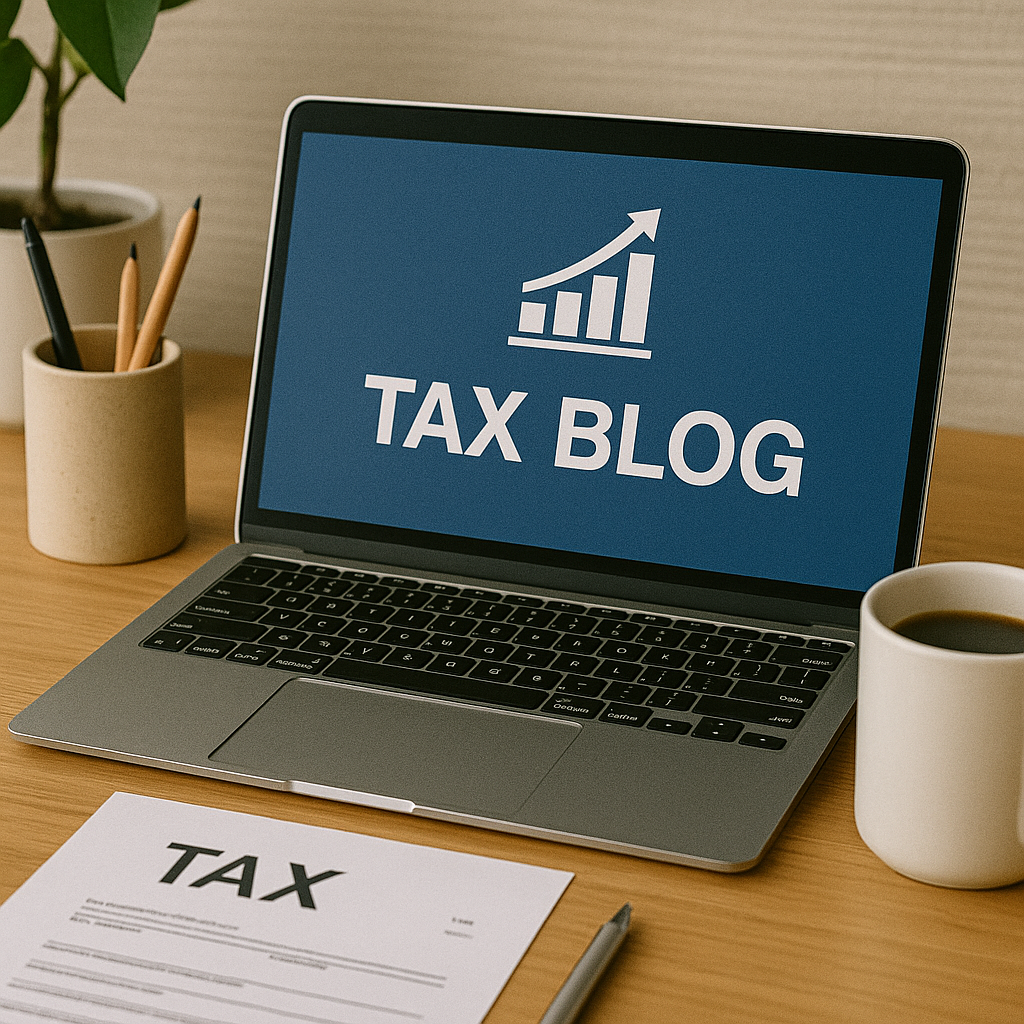 Laptop displaying a graph and the words "TAX BLOG" on the screen, with a paper labeled "TAX" and a pen on a wooden desk. There are also cups of coffee and a plant in the background.