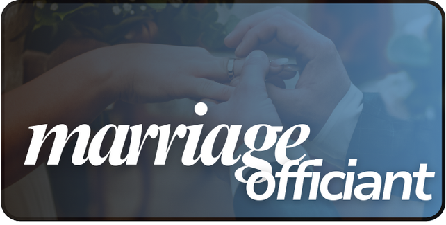 Close-up of a wedding ceremony with two hands exchanging rings, with overlaid text 'marriage officiant'.