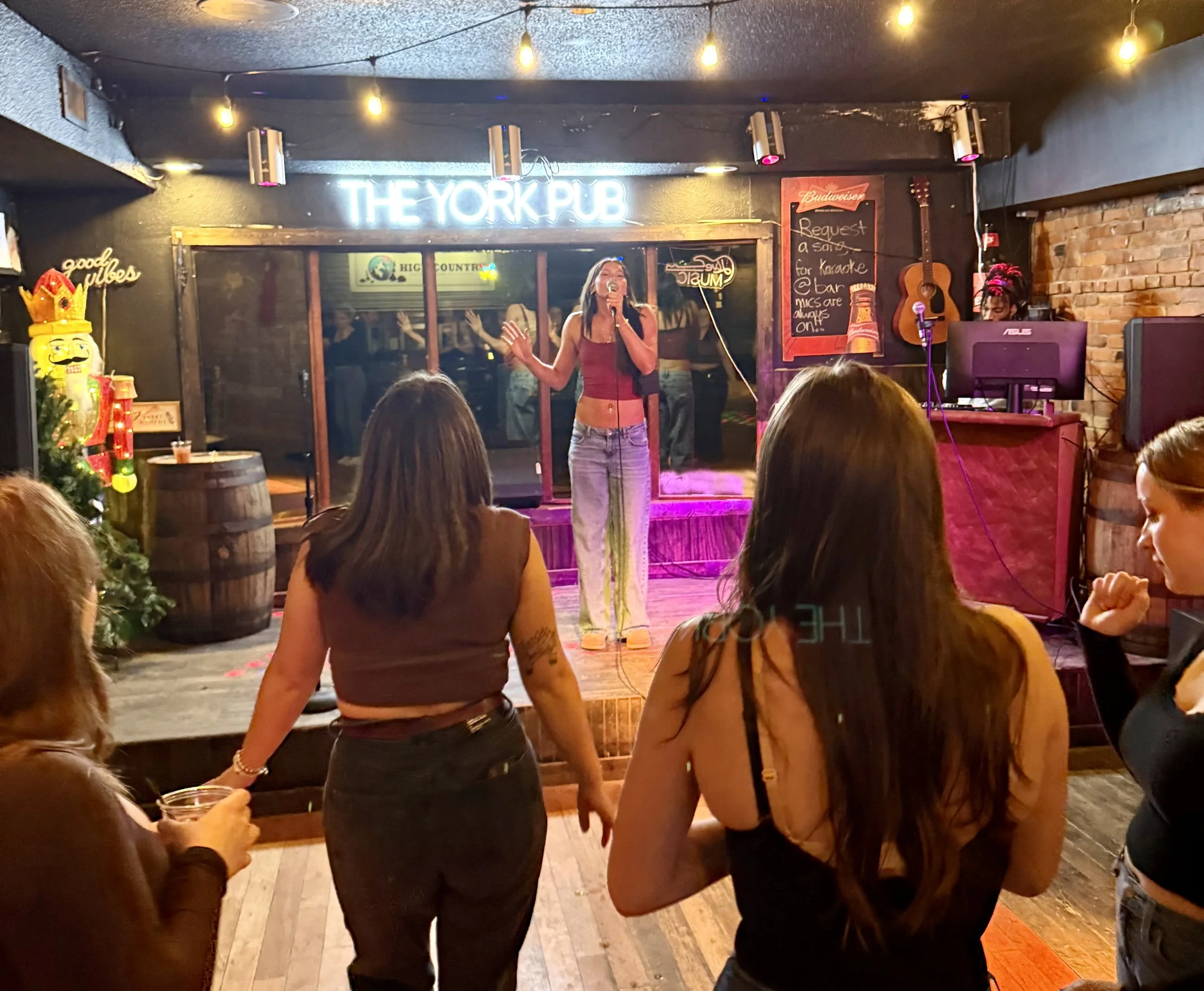 A singer performs on stage at a pub called 'The York Pub', with audience members watching. The stage is decorated with lights, a chalkboard, and an acoustic guitar. The pub has a cozy, rustic ambiance with brick walls and wooden floors.